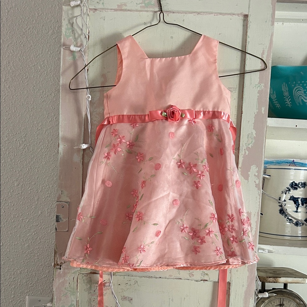 Pink Floral Embroidered Girls Dress with Ribbon